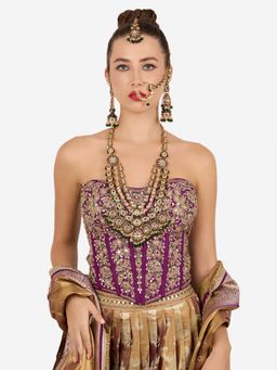 Zaveri Pearls - Green Pink Kundan Necklace Earring Maangtikka And Nose Ring Set-Zpfk22136