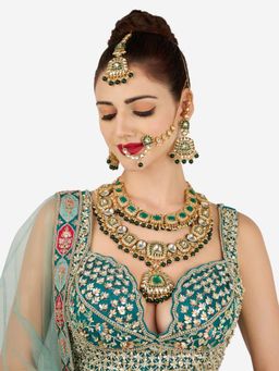 Zaveri Pearls - Green Kundan Necklace Earring Maangtikka And Nose Ring Set-Zpfk22137