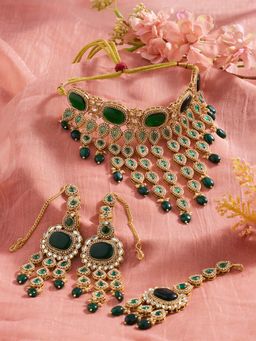 Zaveri Pearls - Green Stones Beads Choker Necklace Earring And Maangtikka Set-Zpfk22138