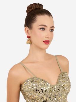 Zaveri Pearls - Green Pink Stones Lotus Design Statement Jhumka Earring-Zpfk22150