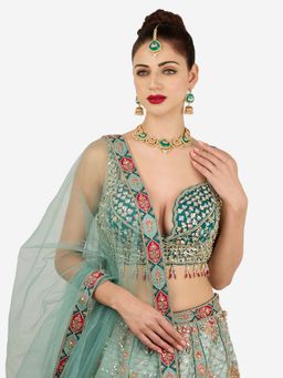 Zaveri Pearls - Green Pink Stones Bead Kundan Necklace Earring Maangtikka Set-Zpfk22154