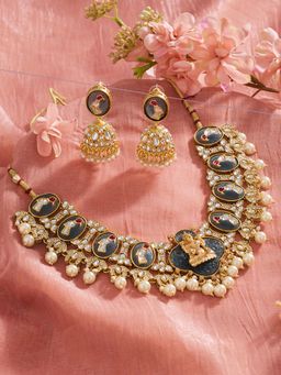 Zaveri Pearls - Grey Pink Parrot And Temple Inspired Necklace Earring Set-Zpfk22155