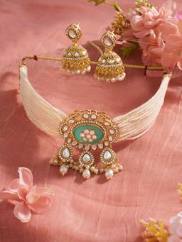 Zaveri Pearls - Green Stone Multistrand Beaded Choker Necklace And Earring Set-Zpfk22157