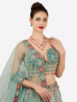 Zaveri Pearls - Green Stones Pink Beads Layered Necklace And Earring Set-Zpfk22161