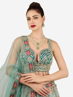 Zaveri Pearls - Mint Green Stones Beads Layered Necklace And Earring Set-Zpfk22162