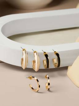 Zaveri Pearls - Pack Of 3 Black White Enamel Semi Hoop Studs Earrings-Zpfk22179