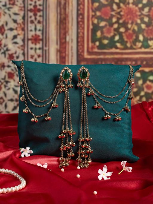 Zaveri Pearls Green Stone Kashmiri Ghungroo Ear Chain Dangler Earring-Zpfk22195