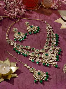 Zaveri Pearls - Green Stones Beads Kundan Necklace Earring And Maangtikka Set-Zpfk22220