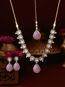 Zaveri Pearls - Women Pink Stones Diamonds Antique Jewellery Set