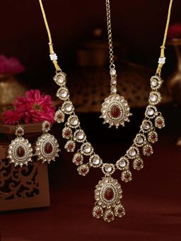 Zaveri Pearls - Women Maroon Stones Diamonds Antique Jewellery Set