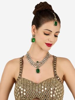 Zaveri Pearls - Women Green Stones Antique Layered Jewellery Set
