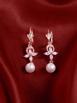 Zaveri Pearls - Women Rose Gold Plated Cubic Zirconia Brass Pearl Drop Earrings