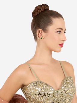 Zaveri Pearls - Women Maroon and Green Stones Embellished Peacock Ear Cuffs