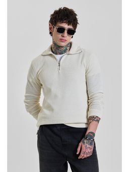 Snitch - Men Light Cream Self Design Full Sleeves Slim Casual T-Shirt