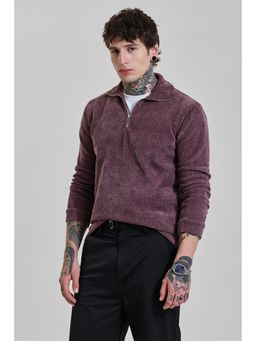 Snitch - Men Dark Burgundy Self Design Full Sleeves Slim Casual T-Shirt