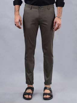 Greenfibre - Men Olive Cotton Slim Fit Solid Casual Trouser