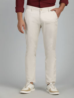 Greenfibre - Men Cream Slim Fit Cotton Textured Casual Trouser