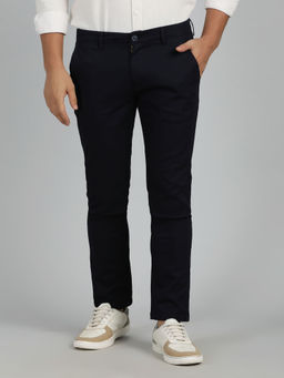Greenfibre - Men Navy Blue Cotton Solid Casual Trouser