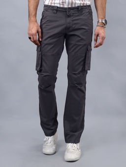 JadeBlue - Men Dark Grey Slim Fit Solid Cotton Trouser
