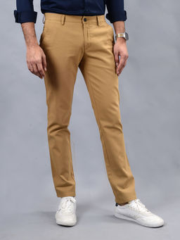 JadeBlue - Men Khaki Cotton Slim Fit Solid Casual Trouser