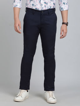 JadeBlue - Men Navy Blue Cotton Slim Fit Solid Casual Trouser