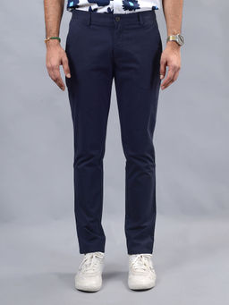 JadeBlue - Men Navy Blue Slim Fit Solid Cotton Casual Trouser