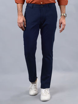 JadeBlue - Men Navy Blue Slim Fit Cotton Textured Casual Trouser