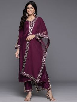 Varanga - Women Purple Kurta With Pant & Net Dupatta (Set of 3)