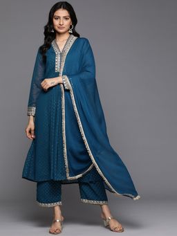 Varanga - Women Blue Zari And Mirror Embellished A-Line Kurta With Pant & Dupatta (Set of 3)