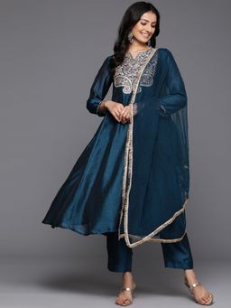 Varanga - Women Blue Zari And Thread A-Line Kurta With Pant And Dupatta (Set of 3)