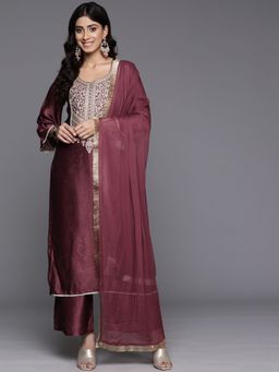 Varanga - Women Burgundy Zari Kurta With Pant And Dupatta (Set of 3)