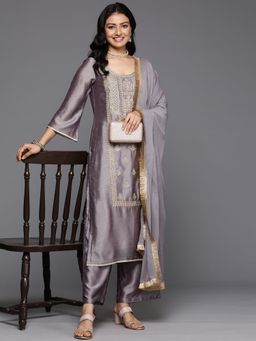 Varanga - Women Mauve Round Neck With Zari Kurta With Pant And Dupatta (Set of 3)