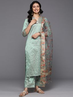 Varanga - Women Sea Green Jacquard Weave Kurta With Pant And Dupatta (Set of 3)