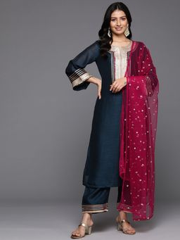 Varanga - Women Navy Blue Lace Embellished Kurta With Pant & Dupatta (Set of 3)