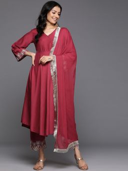 Varanga - Women Maroon Angrakha Style Zari Anarkali With Pant & Dupatta (Set of 3)