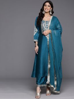 Varanga - Women Turquoise Blue Heavy Zari Kurta With Pant And Dupatta (Set of 3)