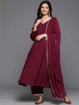 Varanga - Women Maroon Zari And Embellished Anarkali Kurta With Pant And Dupatta (Set of 3)