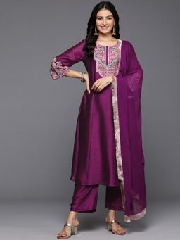 Varanga - Women Purple Zari Mirror Embellished A-Line Kurta With Pant & Dupatta (Set of 3)