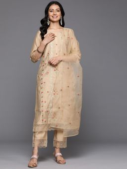 Varanga - Women Beige Thread Kurta With Organza Hem Paired Pant And Dupatta (Set of 3)