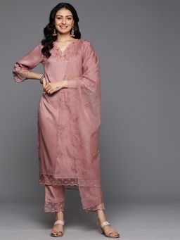 Varanga - Women Peach Thread Kurta With Organza Hem Paired Pant And Dupatta (Set of 3)