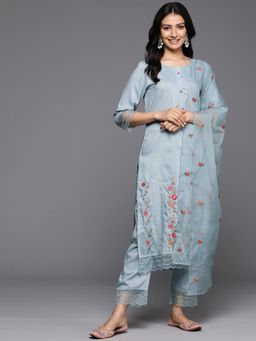 Varanga - Women Blue Thread Kurta With Organza Hem Paired Pant And Dupatta (Set of 3)