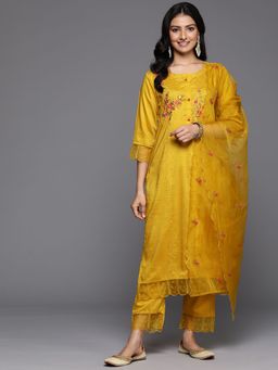 Varanga - Women Yellow Thread Kurta With Organza Hem Paired Pant And Dupatta (Set of 3)