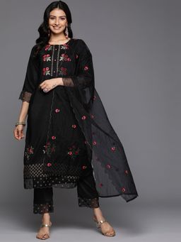 Varanga - Women Black Thread Kurta With Organza Hem Paired Pant And Dupatta (Set of 3)
