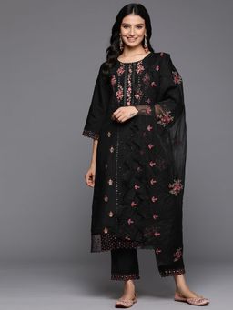 Varanga - Women Black Round Neck Kurta With Tonal Laced Pant And Dupatta (Set of 3)