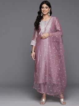 Varanga - Women Mauve Round Neck Kurta With Tonal Pant And Dupatta (Set of 3)