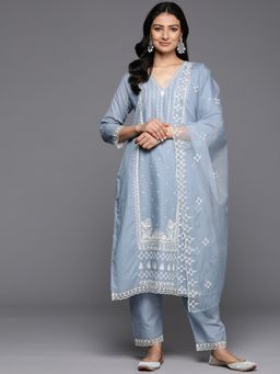 Varanga - Women Blue V Neck Thread & Sequence Kurta With Pant & Organza Dupatta (Set of 3)