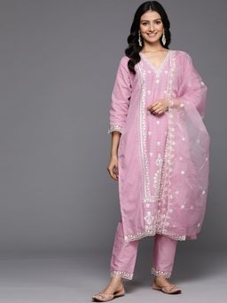 Varanga - Women Pink V Neck Thread & Sequence Kurta With Pant & Organza Dupatta (Set of 3)