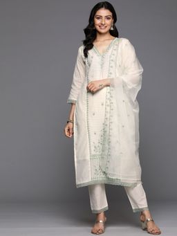 Varanga - Women Cream V Neck Thread & Sequence Kurta With Pant & Organza Dupatta (Set of 3)
