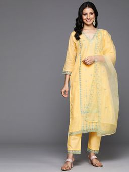Varanga - Women Yellow V- Neck Thread & Sequence Kurta With Pant & Organza Dupatta (Set of 3)