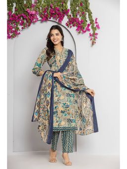 Varanga - Women Blue V Neck Printed Kurta With Pant And Dupatta (Set of 3)